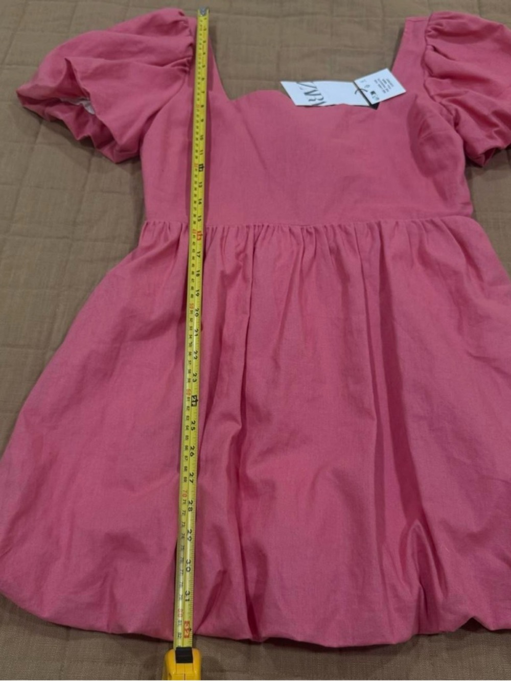 NWT Zara Linen Blend Short Sleeve Mini Dress Bow Size Large Coral Pink - Picture 7 of 9